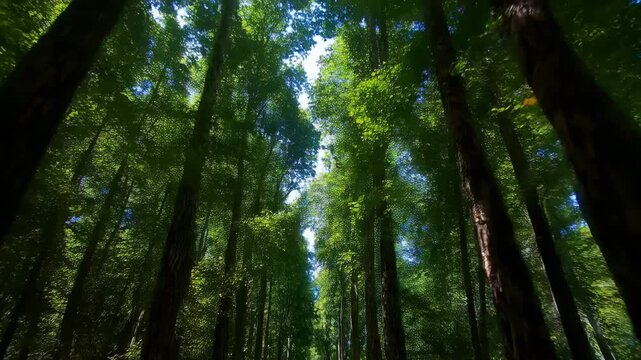 Tall forest trees forming a natural corridor with sunlight filtering through the dense green canopy