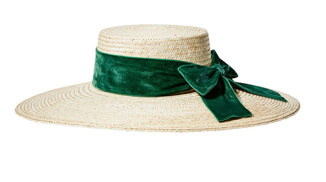 Straw boater hat with wide brim and green velvet ribbon bow