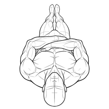 Hand drawn sketch of muscular male superhero levitating completely upside down.