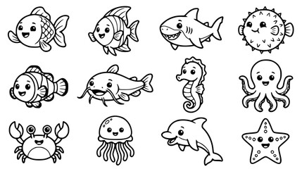 Cute baby sea creatures line art vector collection featuring cartoon fish shark pufferfish clownfish seahorse octopus crab jellyfish dolphin starfish © MdSabbir
