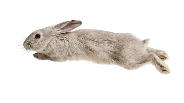 Gray rabbit in motion side view, on white