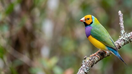 Obraz premium Gouldian finch bird perched on tree branch with vibrant colorful plumage macro photography for desktop wallpaper