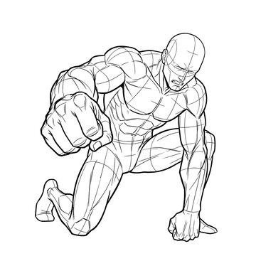 Hand drawn sketch of muscular male superhero collapsing while releasing final power.