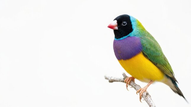 Gouldian finch bird perching on branch isolated on white background macro photography for pc wallpaper and 4k desktop