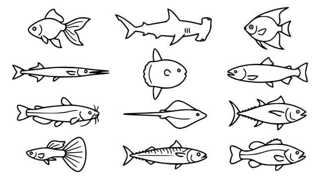 Sea fish and ocean marine life line icon set featuring hammerhead shark stingray goldfish tuna catfish salmon mackerel and guppy wildlife symbols