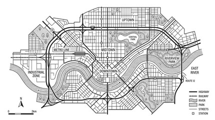Fototapeta premium City Map with Downtown, Midtown, Uptown, Industrial Zone, and River