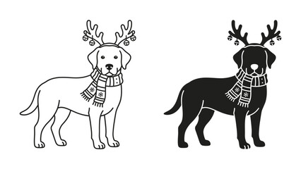 Christmas Dog Duo: A festive pair of Labrador dogs, one in a black and white outline and the other in silhouette, wear cheerful reindeer antlers and holiday scarves, ready for the Christmas season. © Al