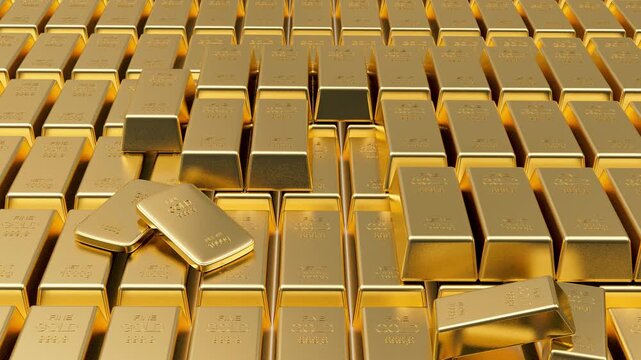 Rows of stacked gold bars shift subtly in a gleaming close-up, showing reflective bullion ingots arranged across the frame in a seamless 3D render, 3D animation