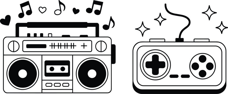 Retro vector line art illustration of a vintage boombox cassette player and classic video game controller