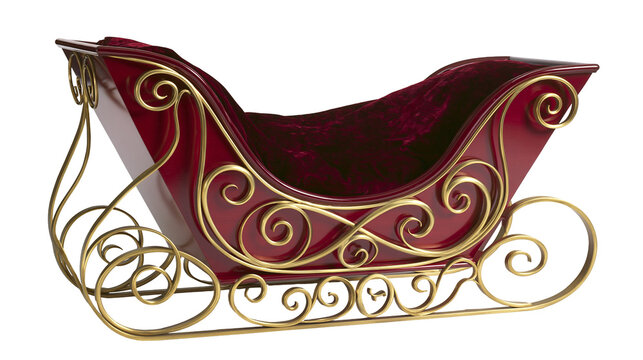 Ornate red velvet sleigh with gold scrollwork
