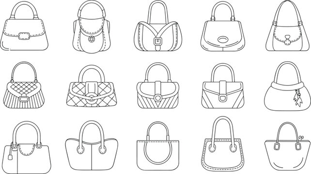 Vector linear icon set of fashion women handbags and purses collection isolated on white