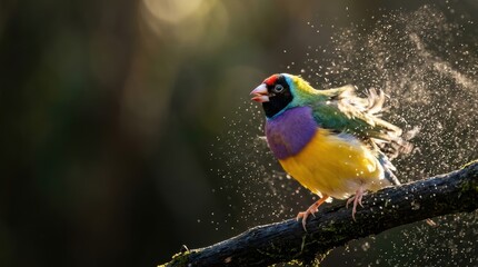 Fototapeta premium Gouldian finch shaking feathers on tree branch with vibrant plumage in 4k macro photography