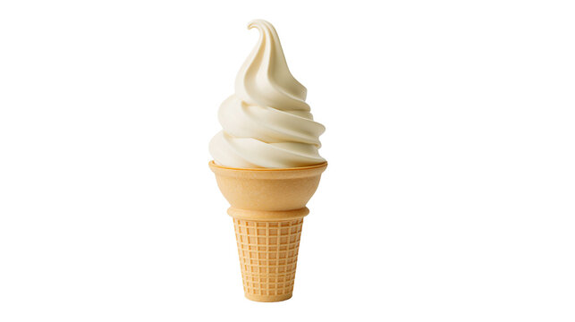 Creamy vanilla soft serve ice cream in a waffle cone