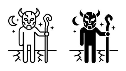 Mystic Figure with Horns: An enigmatic figure, embodying mystery and ancient power, stands firm holding a staff under a crescent moon and starry sky. © jabed