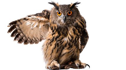 Obraz premium Eurasian Eagle Owl with open wing and bright orange eyes