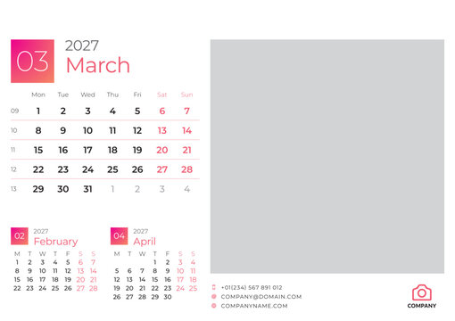 March 2027 Modern Calendar Planner Monday Start Vector Illustration Printable Template offers a stylish monthly design with editable photo area for office organization, scheduling and print projects