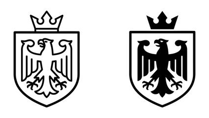 Heraldic Eagle Shield: A striking black and white depiction of a heraldic shield featuring a stylized eagle and crown. © Md
