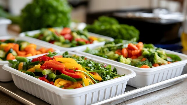 Freshly prepared vegetable salads in white takeout containers arranged on a metal tray for serving or delivery