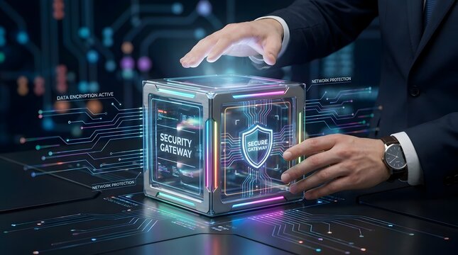 IT administrator managing advanced security gateway and data encryption on high tech glowing digital cube interface