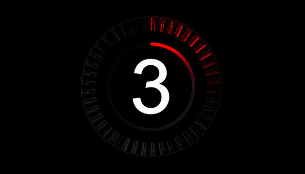 Digital Countdown Timer with Number 3 Displayed in a Futuristic Circular Interface with Red Accent and Black Background