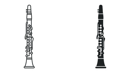 Clarinet Illustration Set: A clear illustration showcasing two clarinets, one in outline and another in solid black silhouette, representing the musical instrument. © Md