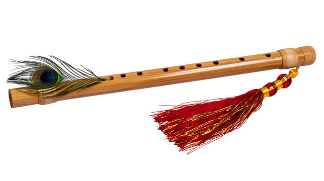 Bamboo flute with peacock feather and red tassel