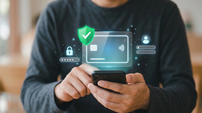 Secure Online Payment and Mobile Banking Concept. Smartphone User with Digital Credit Card Interface, Password Login and Data Protection Shield