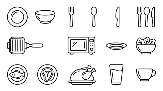Kitchen utensil line icon set with dinnerware cutlery microwave pan plate bowl and food symbols for restaurant menu design