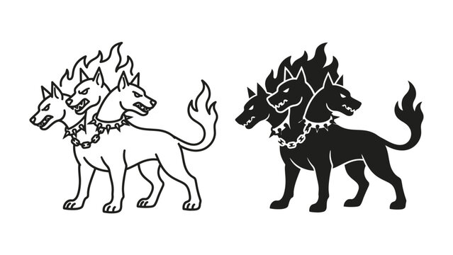 Mythical Cerberus Duo: A pair of illustrations depicting the mythological three-headed dog, Cerberus, one in outline and the other in silhouette, ready to guard the underworld.