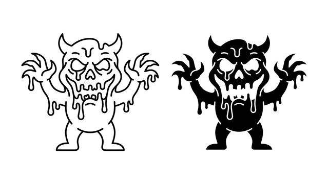 Horror Monster Icon: A monstrous creature, depicted in both line art and silhouette, with dripping slime, sharp claws, and menacing horns, embodies a terrifying Halloween or horror theme.