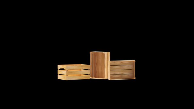 Wooden crates assemble and shift into a grouped arrangement against a black background, showcasing slatted storage boxes in a clean minimal 3D animation