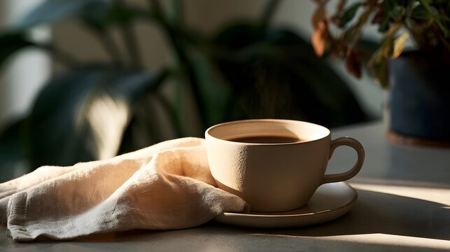 A warm cup of coffee sits beside a folded linen napkin on a sunlit surface  with soft shadows and blurred greenery in the background