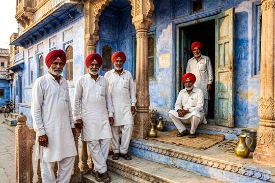  Five Local Men Dressed in Traditional Rajasthani Attire with White Kurta-Pyjamas & Bright Red Turbans Pagri in Blue City Jodhpur, Rajasthan, India in Painted House, Intricate Carved Pillars & Arches.