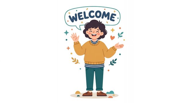 Cheerful Cartoon Boy Character Saying Welcome with Speech Bubble and Decorative Elements on an Isolated Background