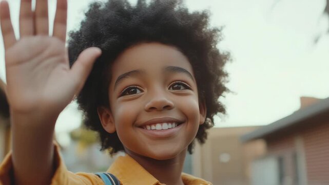 A cheerful child greeting someone with a wave of his left arm. He is smiling and has curly hair. A warm and welcoming atmosphere.