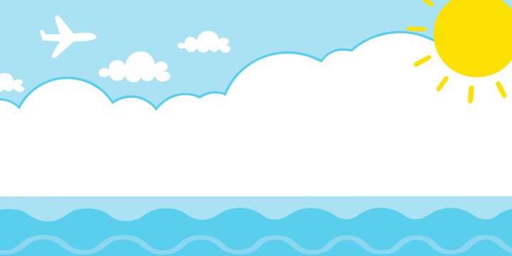 Cartoon scene with clouds sun airplane and wavy water pattern
