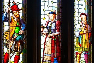 Detail of historic stained glass windows depicting figures in Renaissance costume, Bojnice Castle © pszabo
