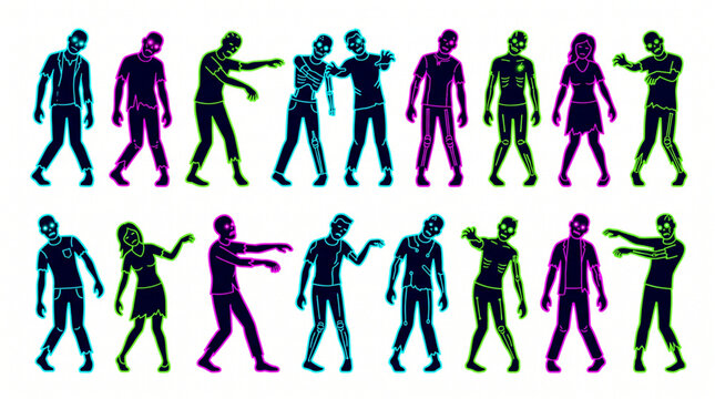 Collection of neon zombie silhouette design element art. Happy Halloween vector silhouette icons set featuring spooky undead walking poses, monster characters, horror creatures, and scary spirits.