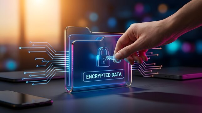 Hand using virtual glowing key to unlock digital folder containing encrypted data on modern technological background