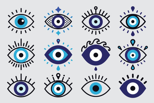 Collection of traditional evil eye protection charms is shown in various blue and white artistic designs and eye shapes.