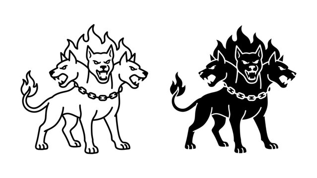 Mythical Cerberus Guard: A striking depiction of the legendary three-headed dog, Cerberus, guardian of the underworld, showcased in both outline and silhouette.