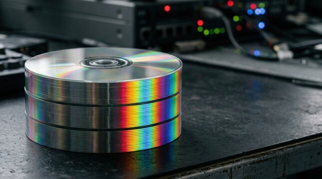 Stack of blank CD or DVD discs with rainbow light reflections on a dark surface, with blurred tech equipment in the background