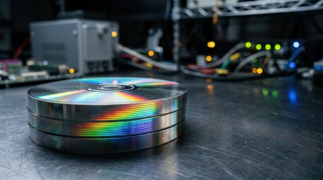 Stack of Compact Discs with Rainbow Reflection on Metal Table, Server Hardware and Tech Equipment in Background