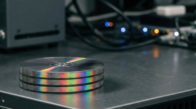 Stack of CD and DVD Discs with Rainbow Reflection on a Metal Table with Network Server Equipment in Blurred Background