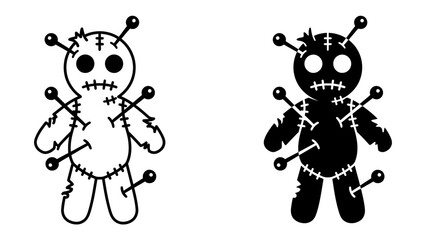 Voodoo Doll Duo: A set of two stylized voodoo dolls, one in outline and the other in solid silhouette, both pierced with pins, symbolizing ancient magic and mystique. © Al