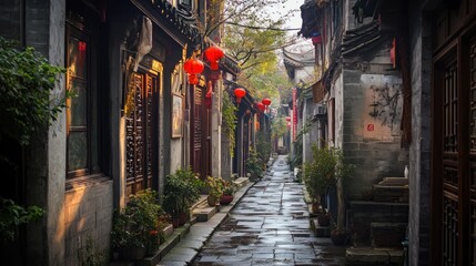 Fototapeta premium Ancient Chinese alleyway. Sunlight filters through the trees illuminating the narrow path. Red lanterns hang along the buildings. Tranquil and serene