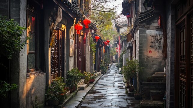 Ancient Chinese alleyway.  Sunlight filters through the trees illuminating the narrow path.  Red lanterns hang along the buildings.  Tranquil and serene