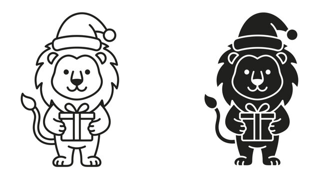 Christmas Lion with Gift: Two adorable lions, one in outline and one in silhouette, wear Santa hats and hold Christmas gifts, ready to spread holiday cheer.