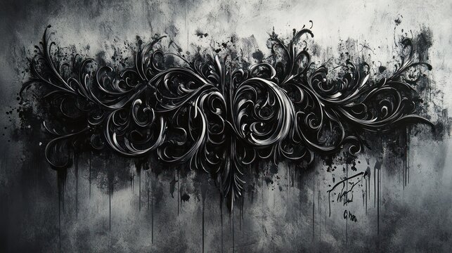 Ornate, dark, stylized text.  Intricate, gothic design on a mottled, textured background