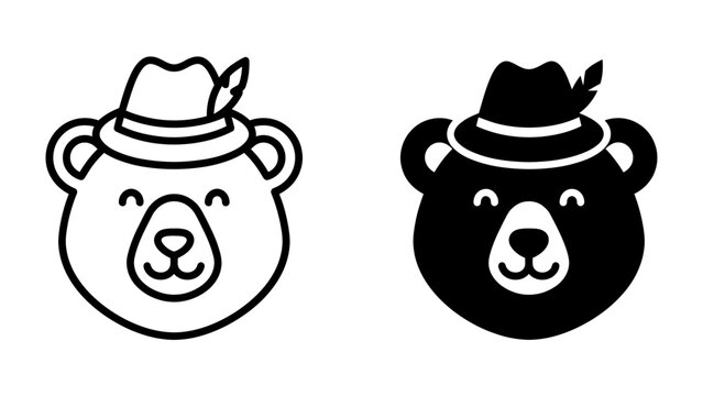 Bear Wearing Hat Icon Set: Two stylized illustrations of a bear's face, one outlined and one filled black, both adorned with a traditional hat featuring a feather.